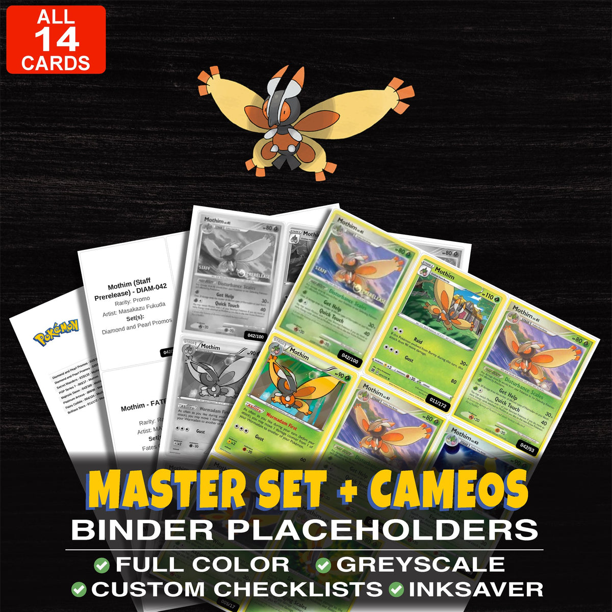 Every Mothim Pokemon card ever made - master set binder placeholders with Mothim