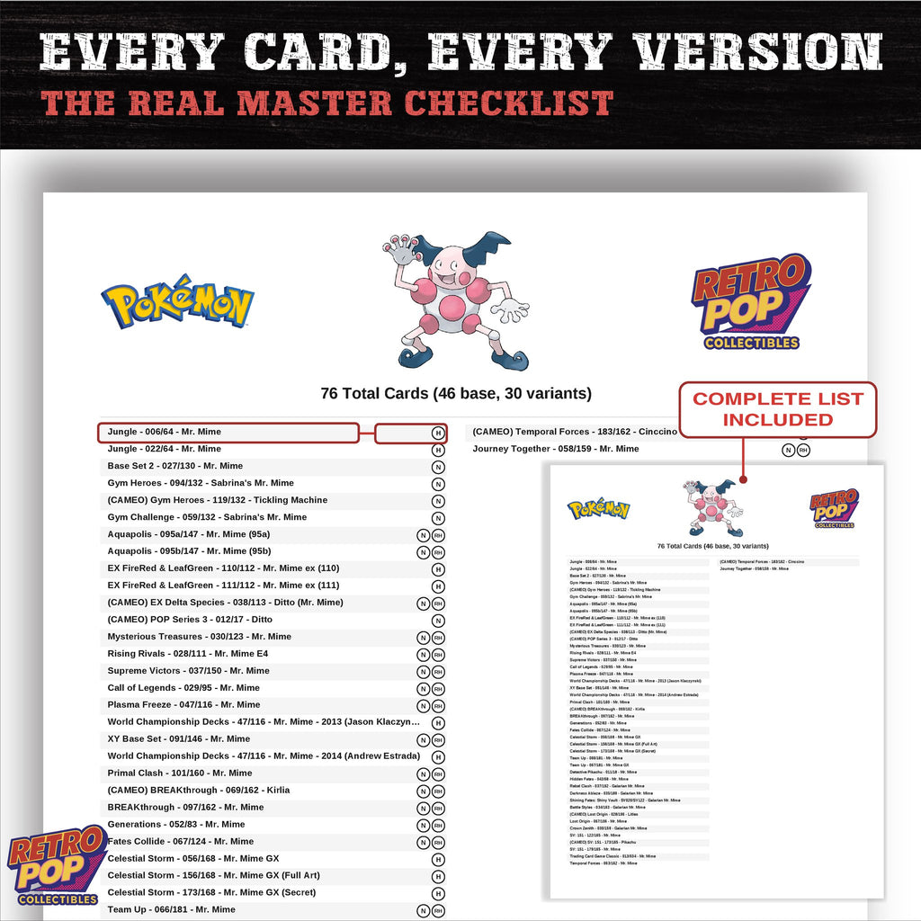 Mr. Mime master set checklist PDF preview - every card listed