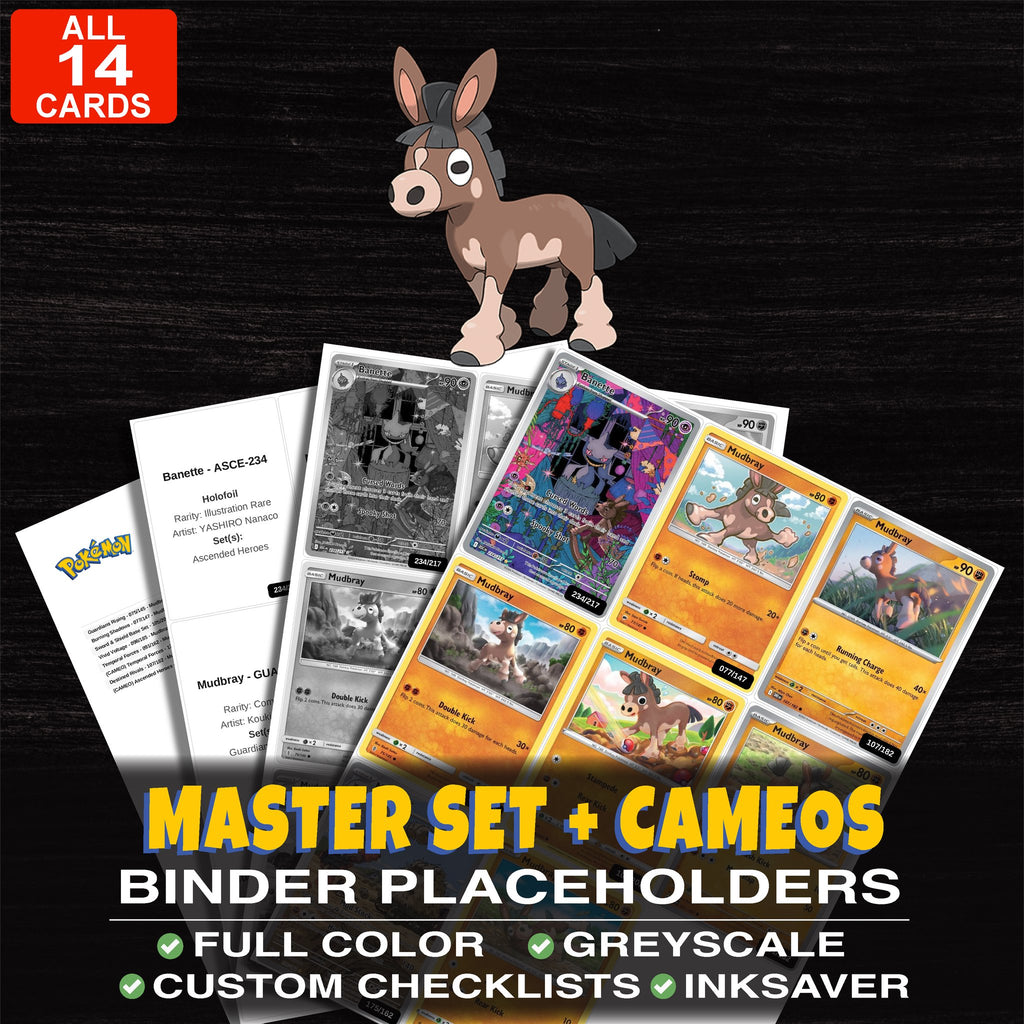 Every Mudbray Pokemon card ever made - master set binder placeholders with Mudbray