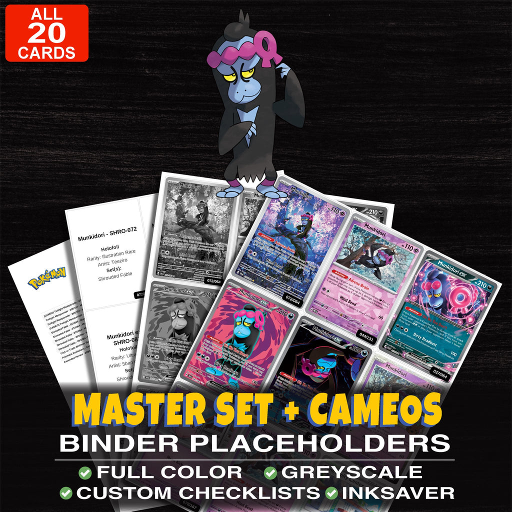 Every Munkidori Pokemon card ever made - master set binder placeholders with Munkidori