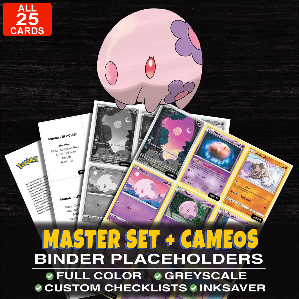 Every Munna Pokemon card ever made - master set binder placeholders with Munna