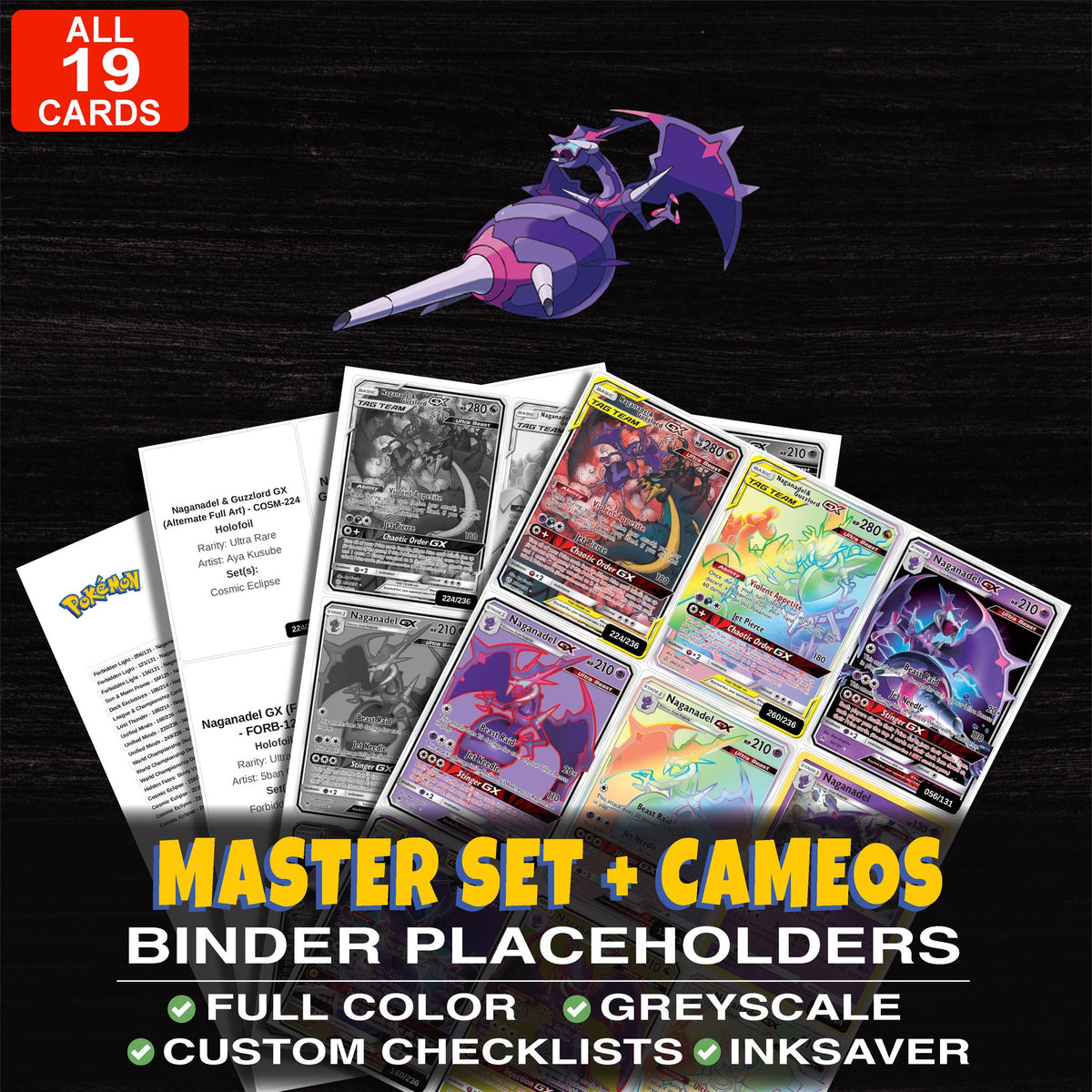 Every Naganadel Pokemon card ever made - master set binder placeholders with Naganadel & Guzzlord GX (Alternate Full Art)