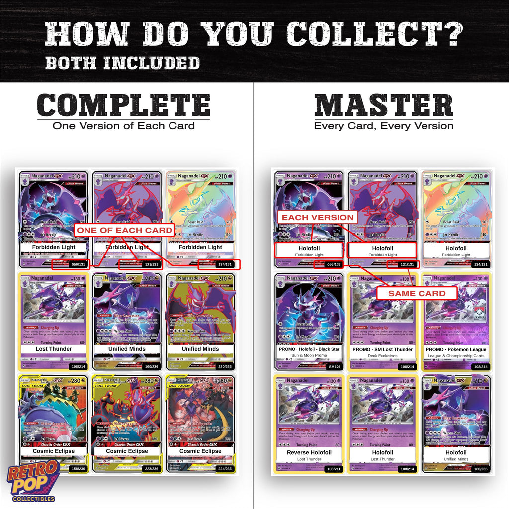 Complete Set vs Master Set versions of the Naganadel binder placeholders