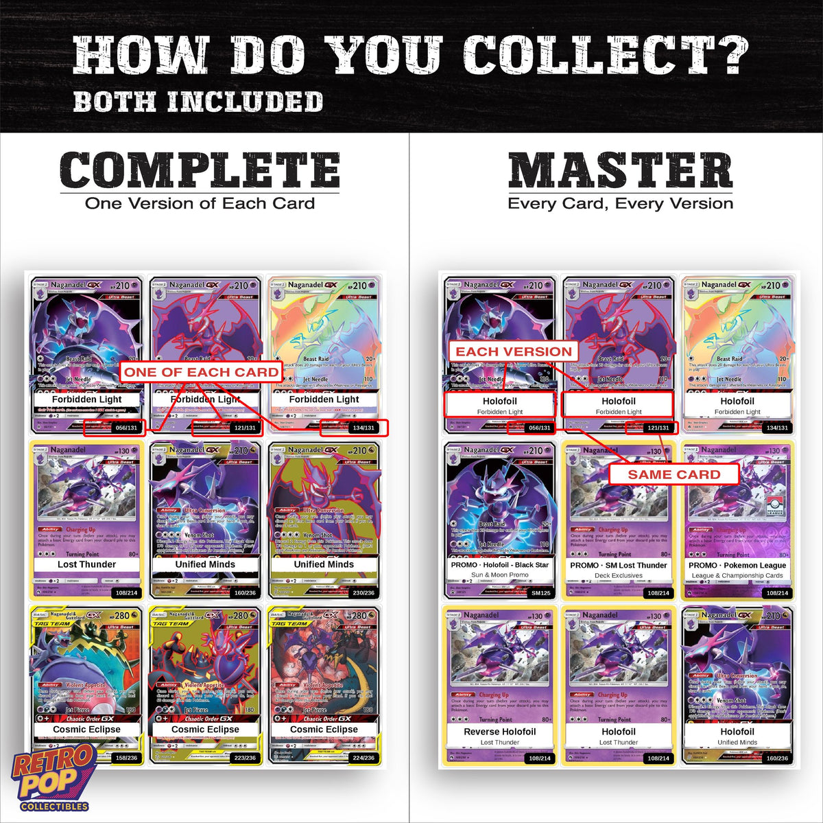 Complete Set vs Master Set versions of the Naganadel binder placeholders