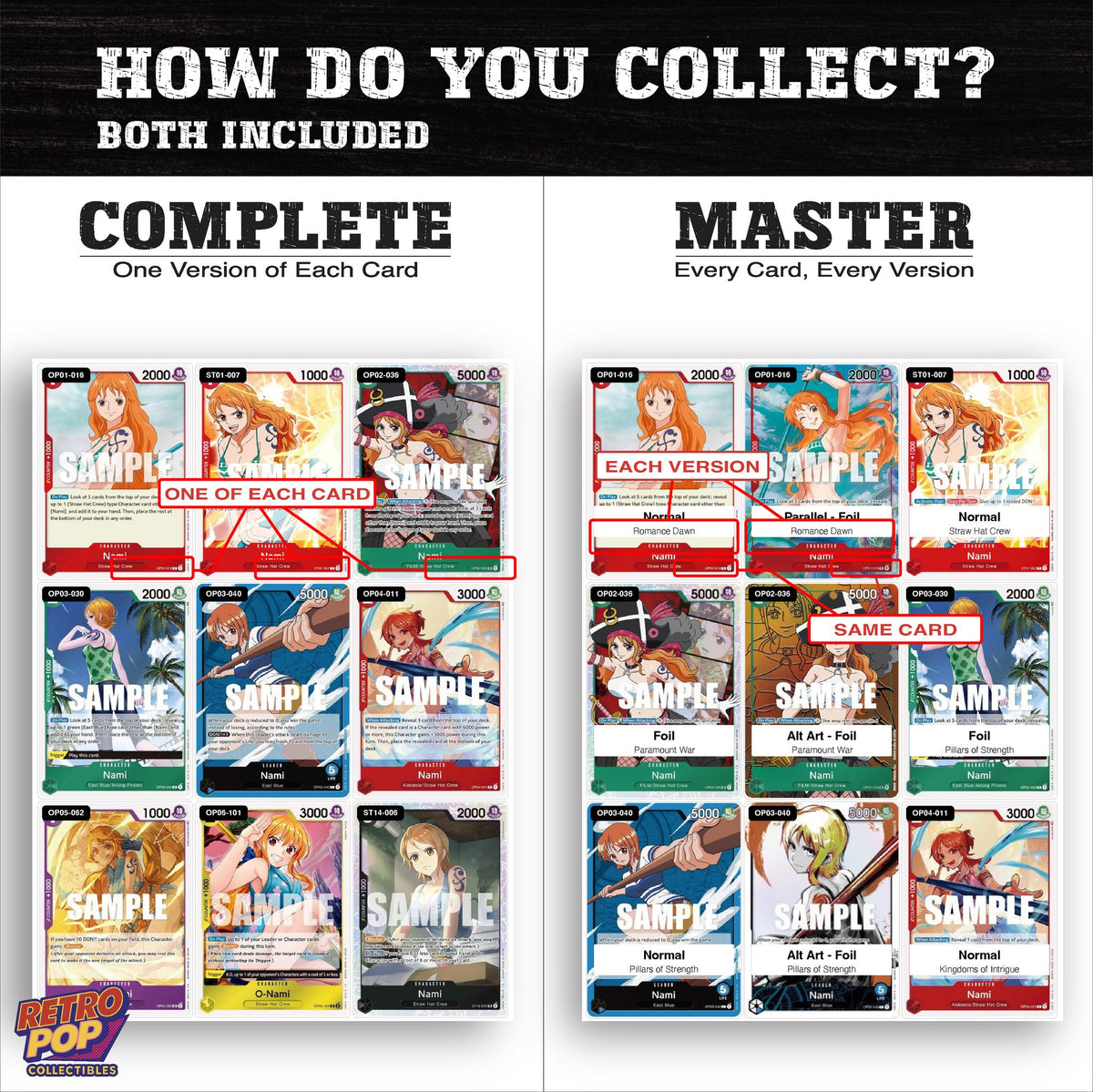 Complete Set vs Master Set versions of Nami One Piece binder placeholders