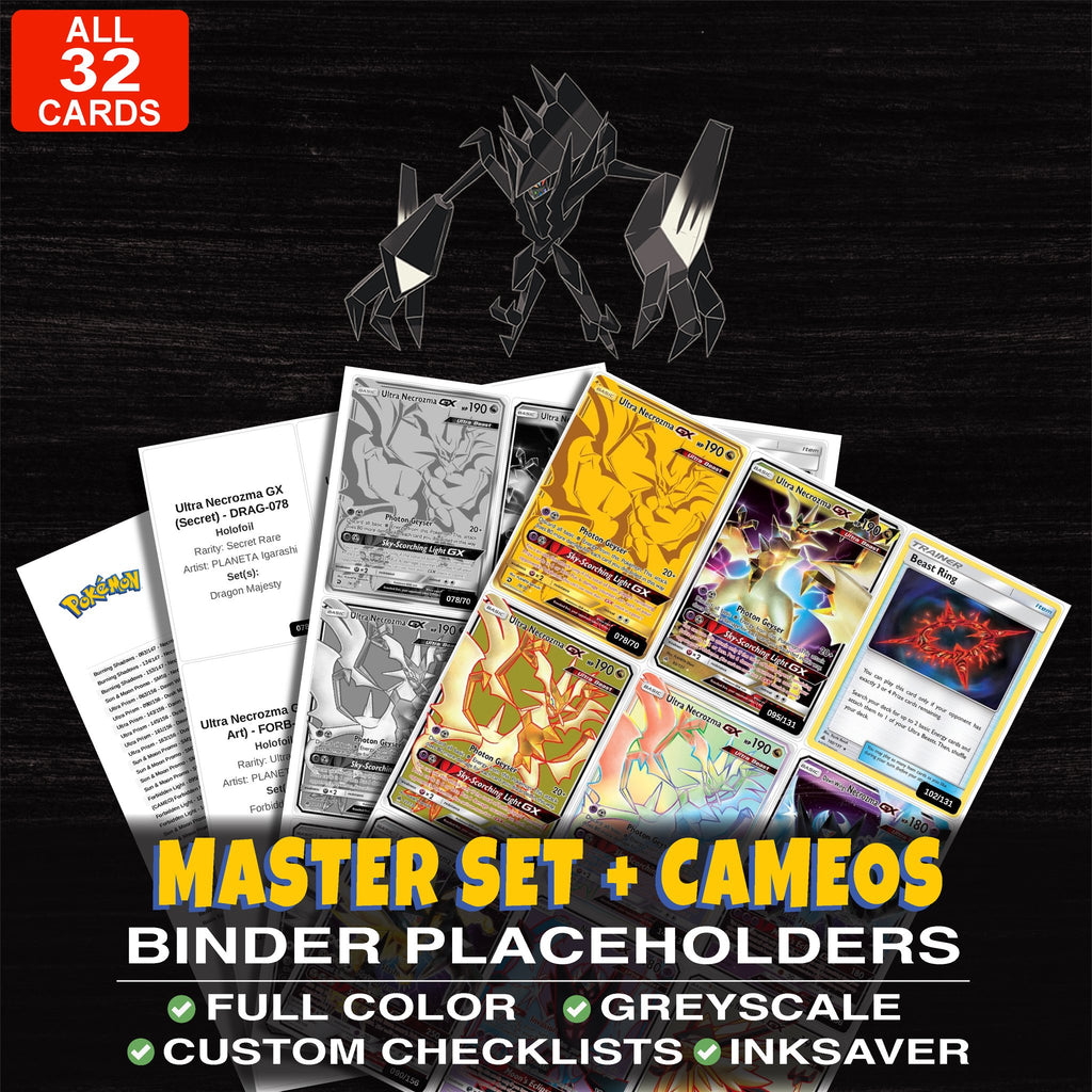 Every Necrozma Pokemon card ever made - master set binder placeholders with Ultra Necrozma GX (Secret)
