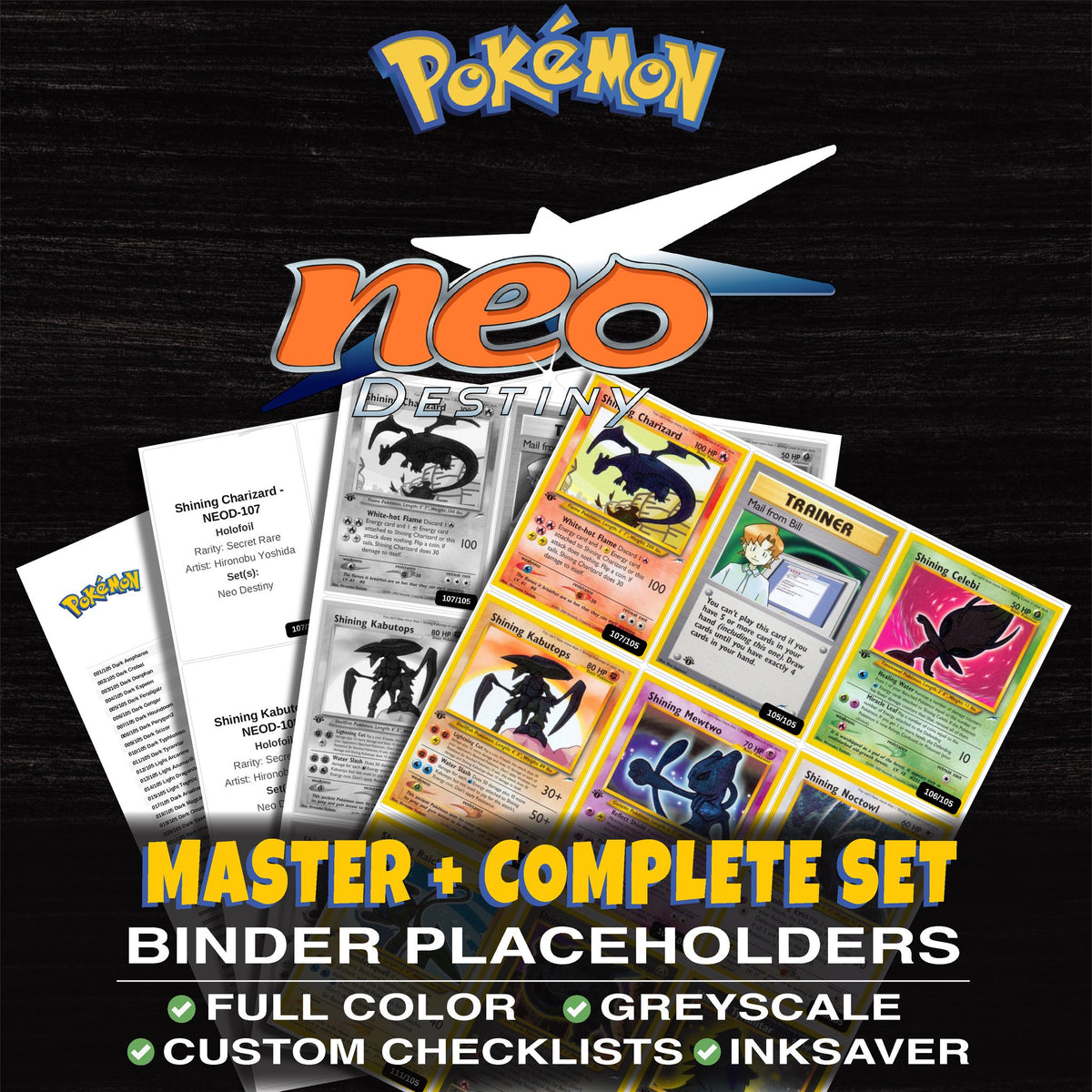 Neo Destiny Pokemon binder placeholders printable PDF - includes Shining Tyranitar