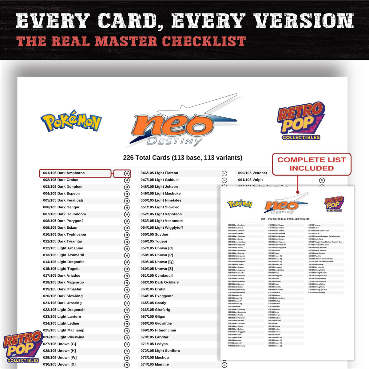 Neo Destiny Pokemon card checklist PDF preview