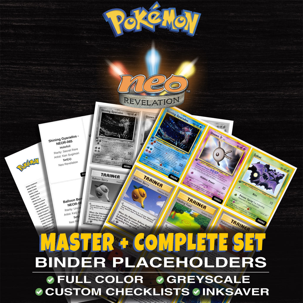Neo Revelation Pokemon binder placeholders printable PDF - includes Shining Gyarados
