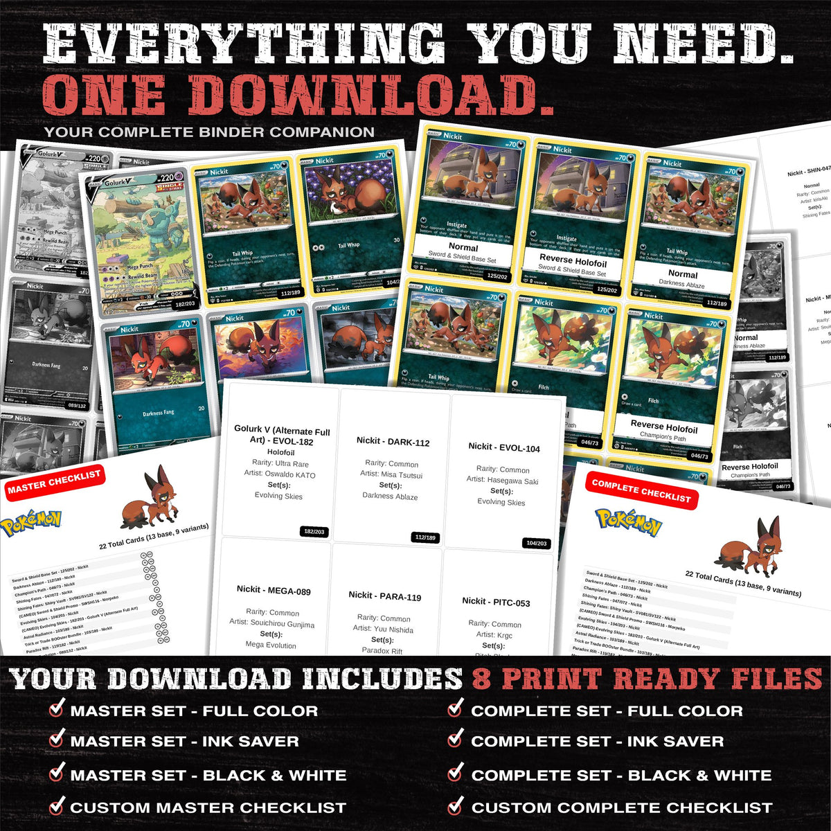 Everything included in the Nickit master set download - 8 PDF files