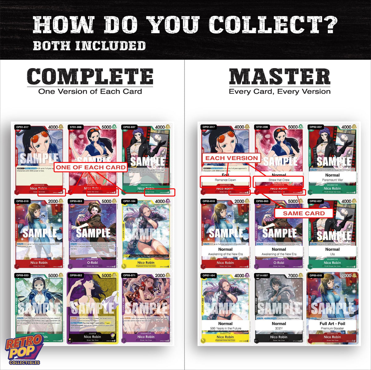 Complete Set vs Master Set versions of Nico Robin One Piece binder placeholders
