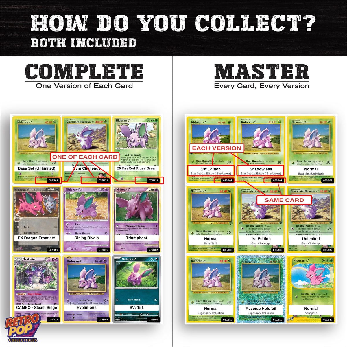 Complete Set vs Master Set versions of the Nidoran Male binder placeholders
