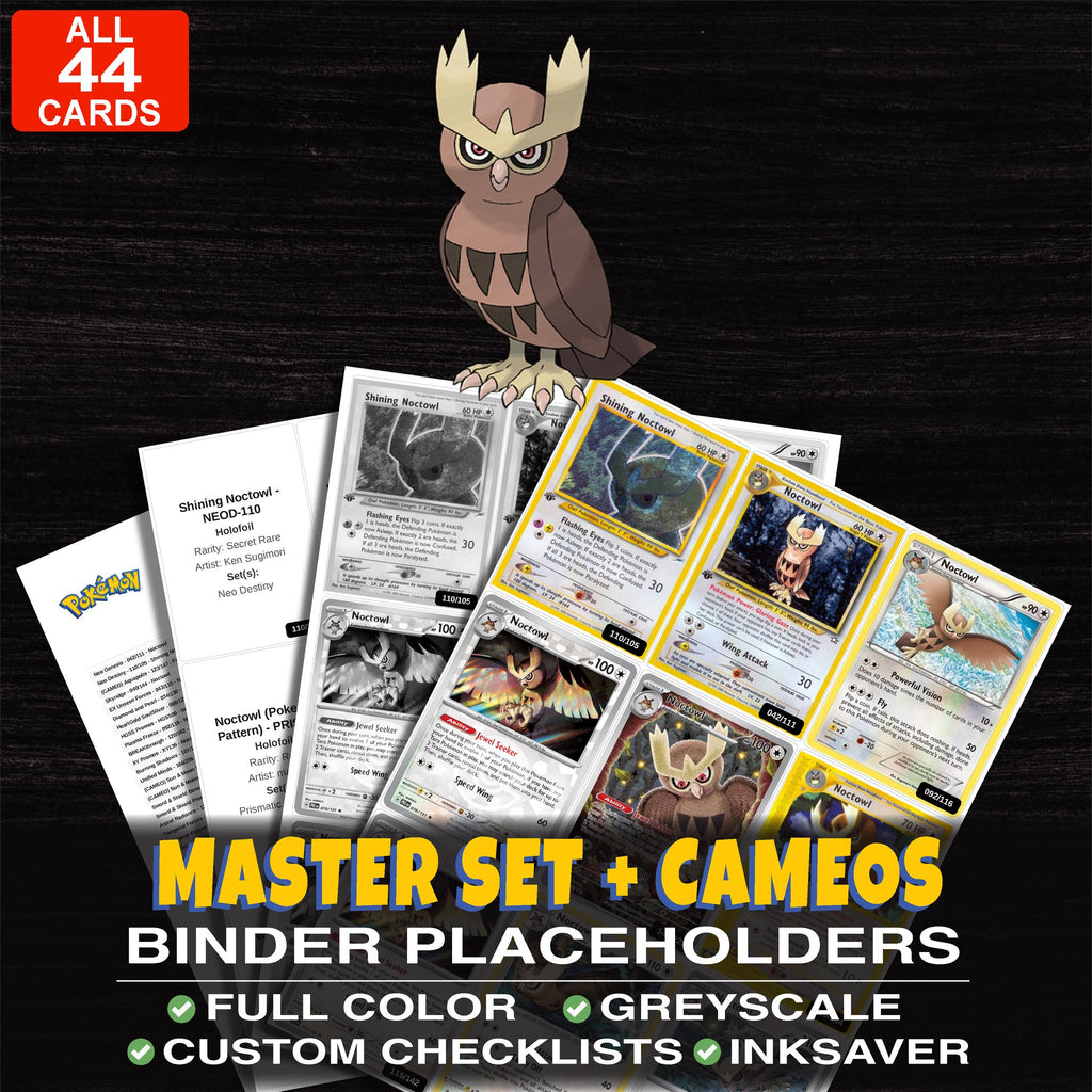 Every Noctowl Pokemon card ever made - master set binder placeholders with Shining Noctowl