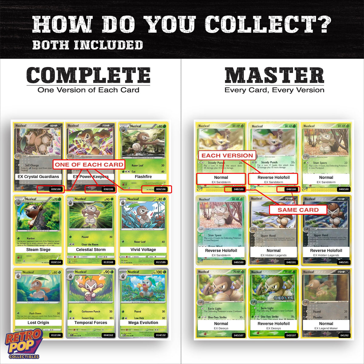 Complete Set vs Master Set versions of the Nuzleaf binder placeholders