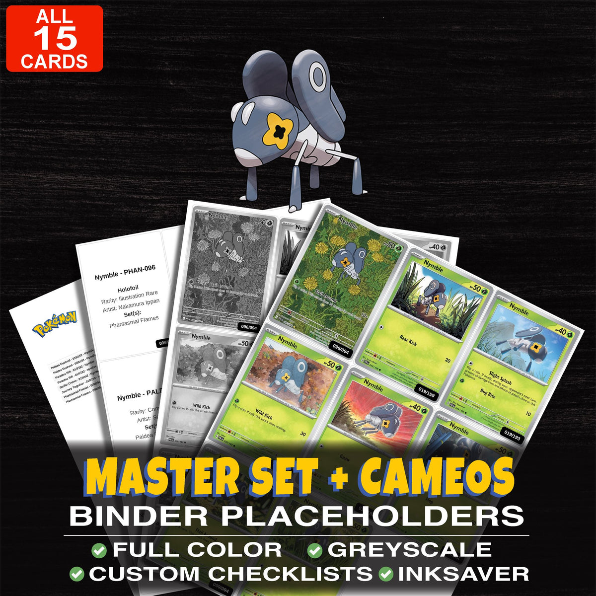 Every Nymble Pokemon card ever made - master set binder placeholders with Nymble