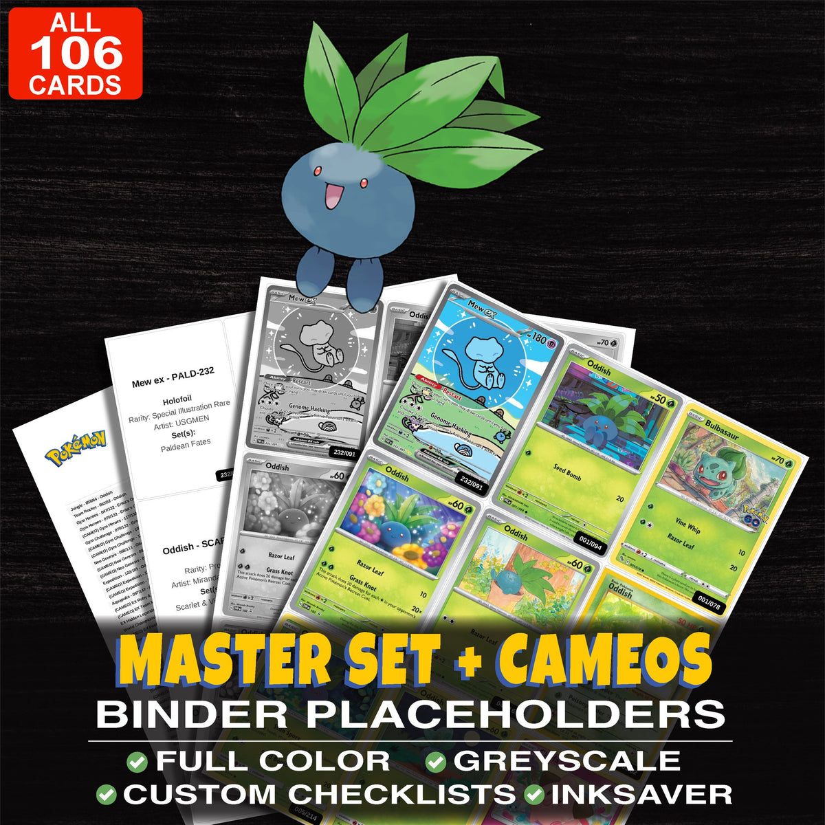Every Oddish Pokemon card ever made - master set binder placeholders with Oddish