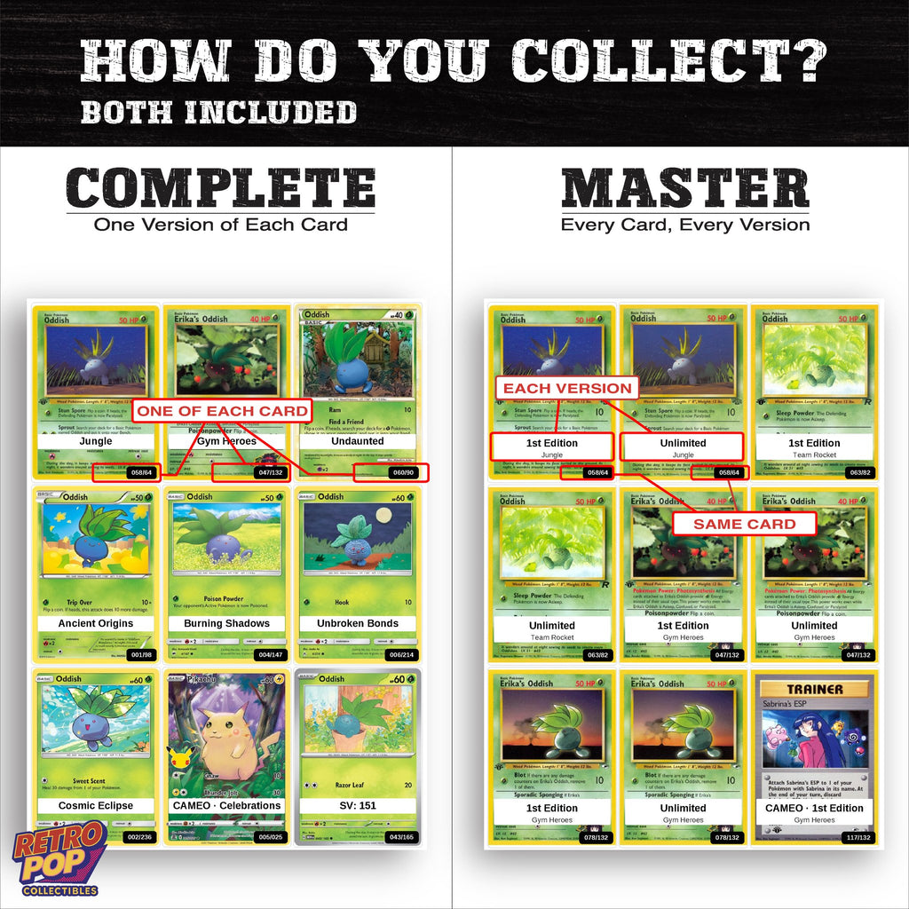 Complete Set vs Master Set versions of the Oddish binder placeholders