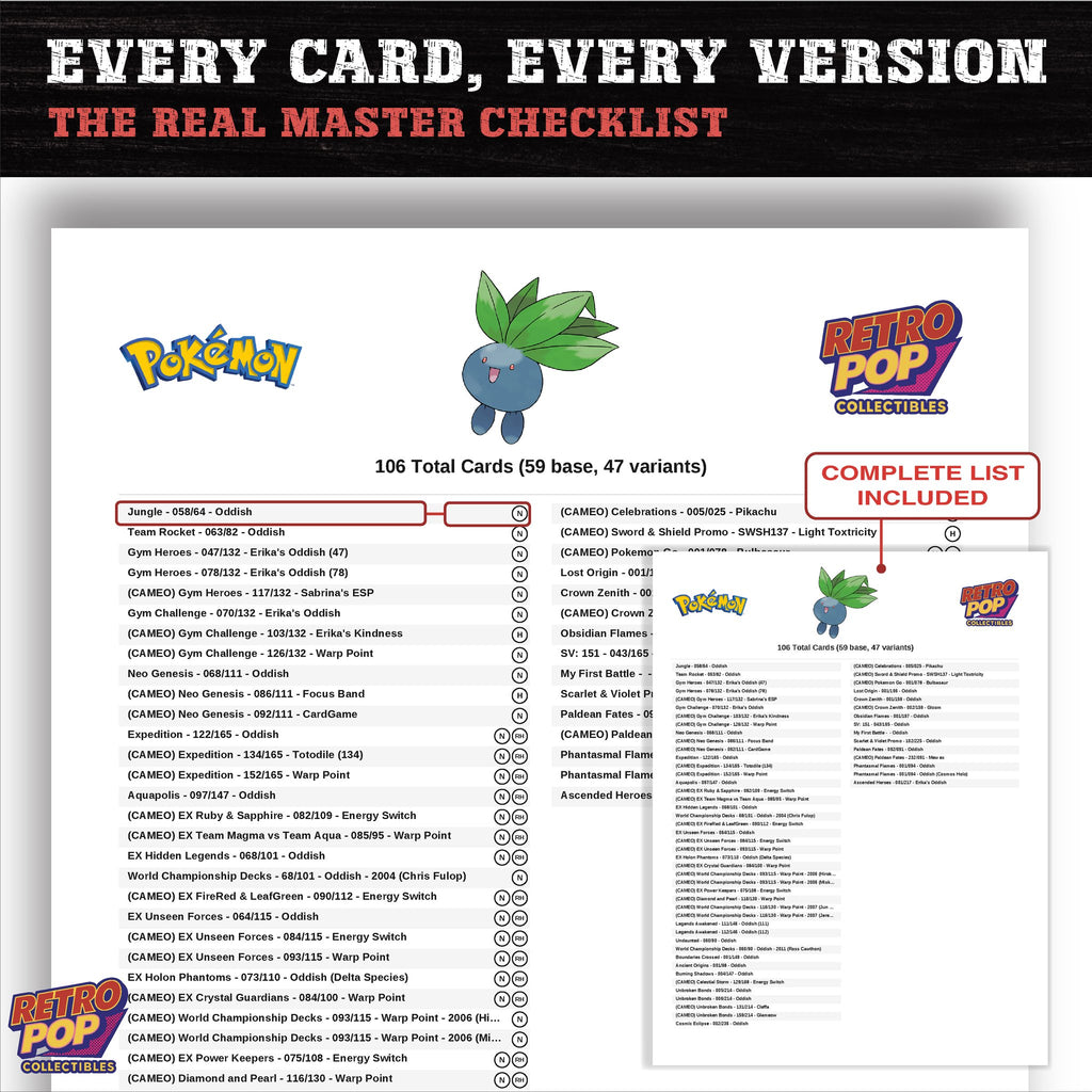 Oddish master set checklist PDF preview - every card listed
