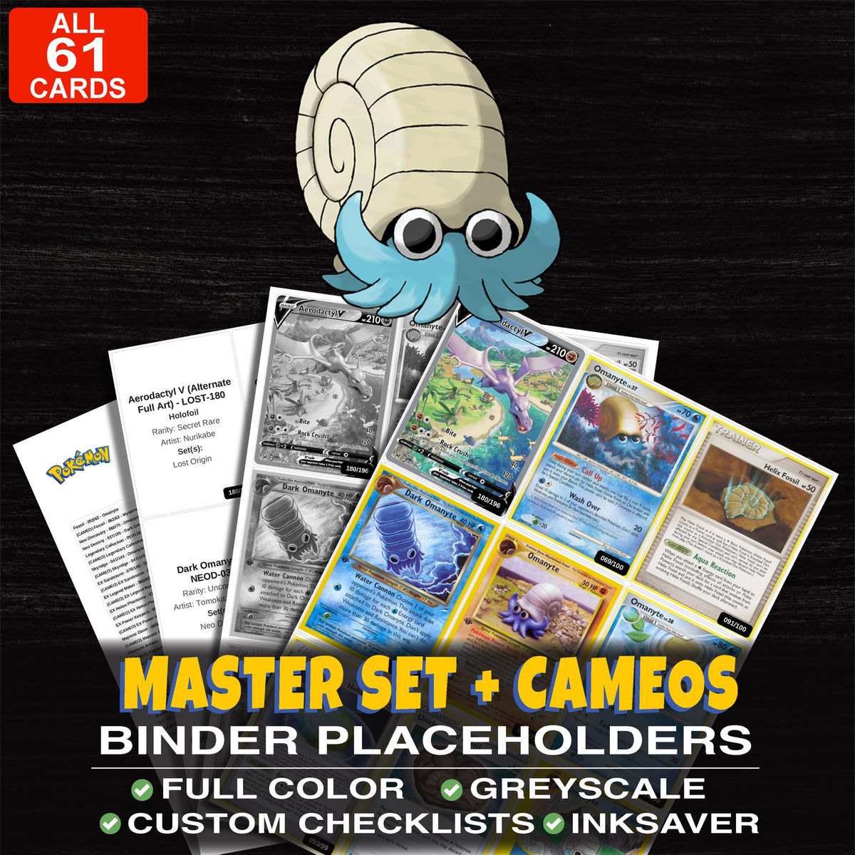 Every Omanyte Pokemon card ever made - master set binder placeholders with Omanyte