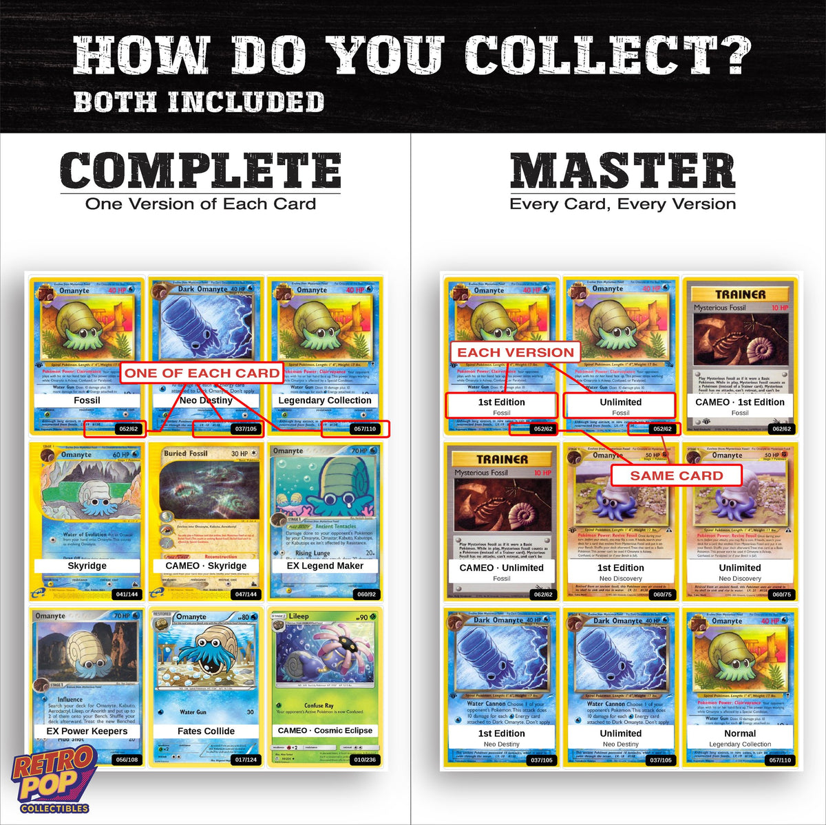 Complete Set vs Master Set versions of the Omanyte binder placeholders