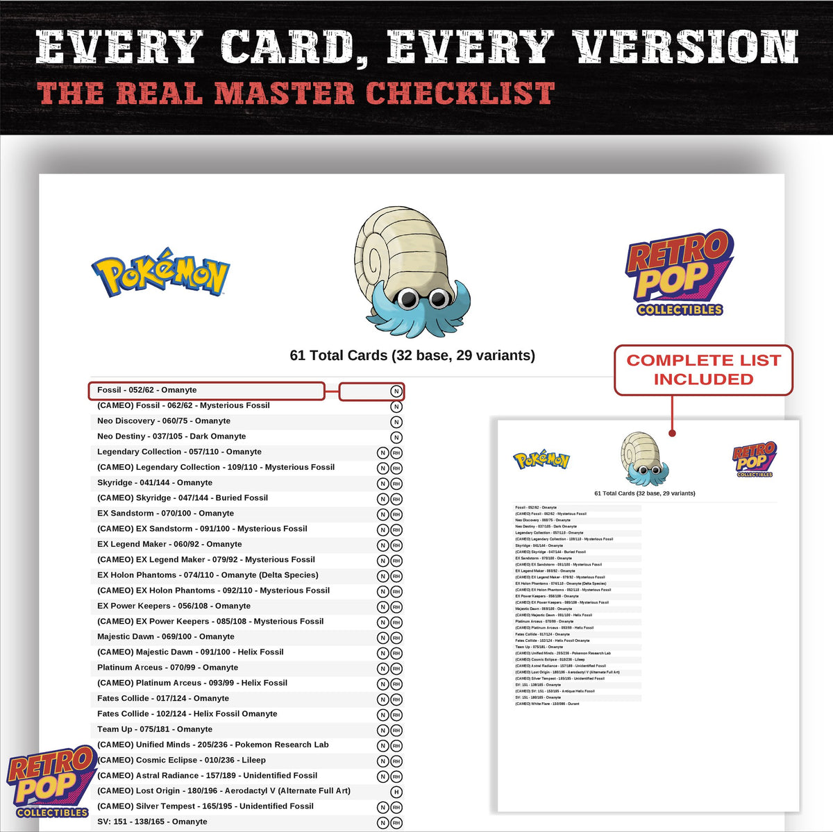 Omanyte master set checklist PDF preview - every card listed