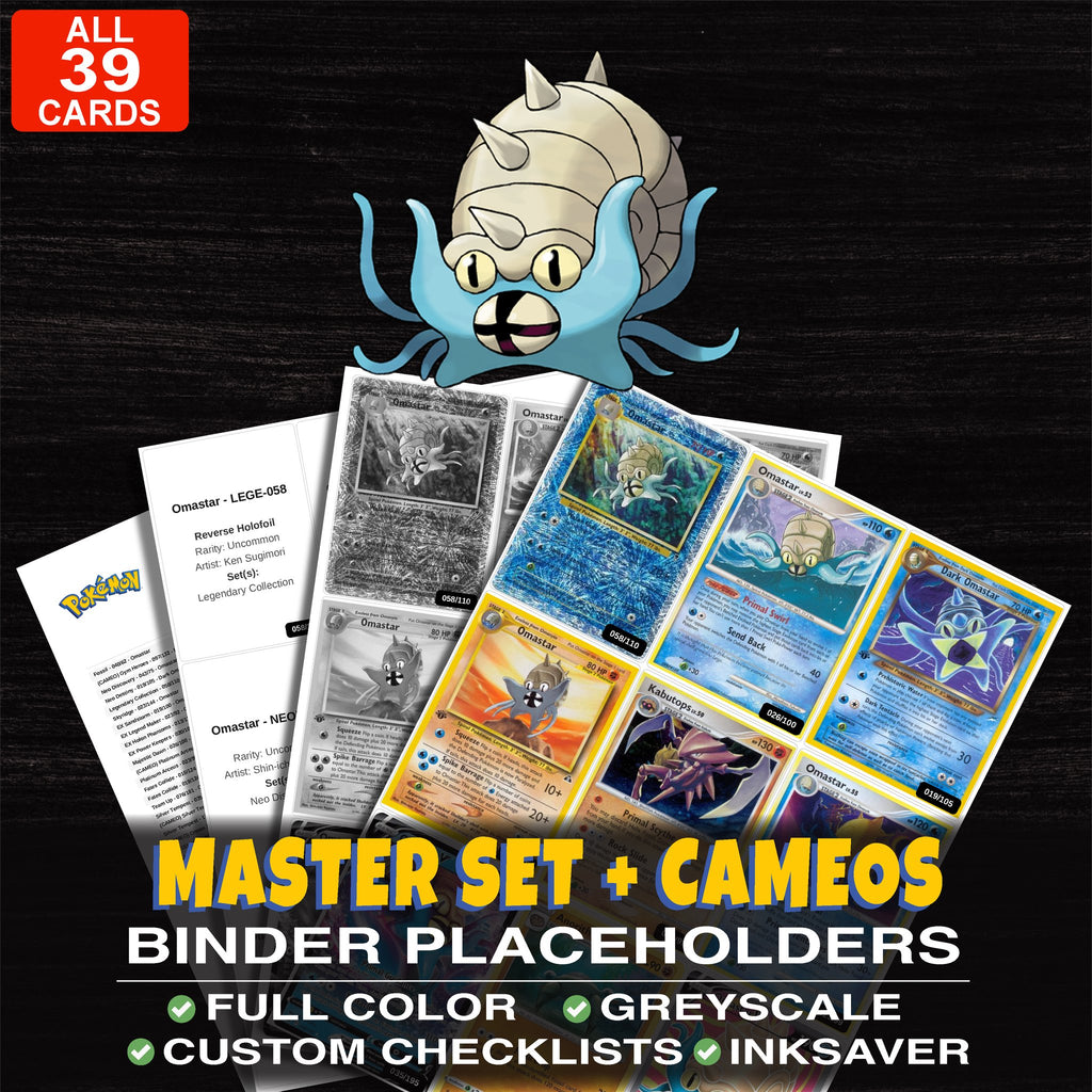 Every Omastar Pokemon card ever made - master set binder placeholders with Dark Omastar
