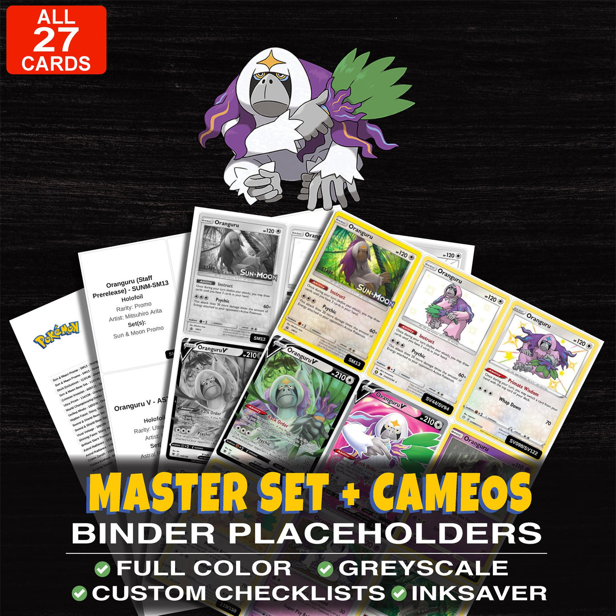 Every Oranguru Pokemon card ever made - master set binder placeholders with Oranguru (Prerelease)