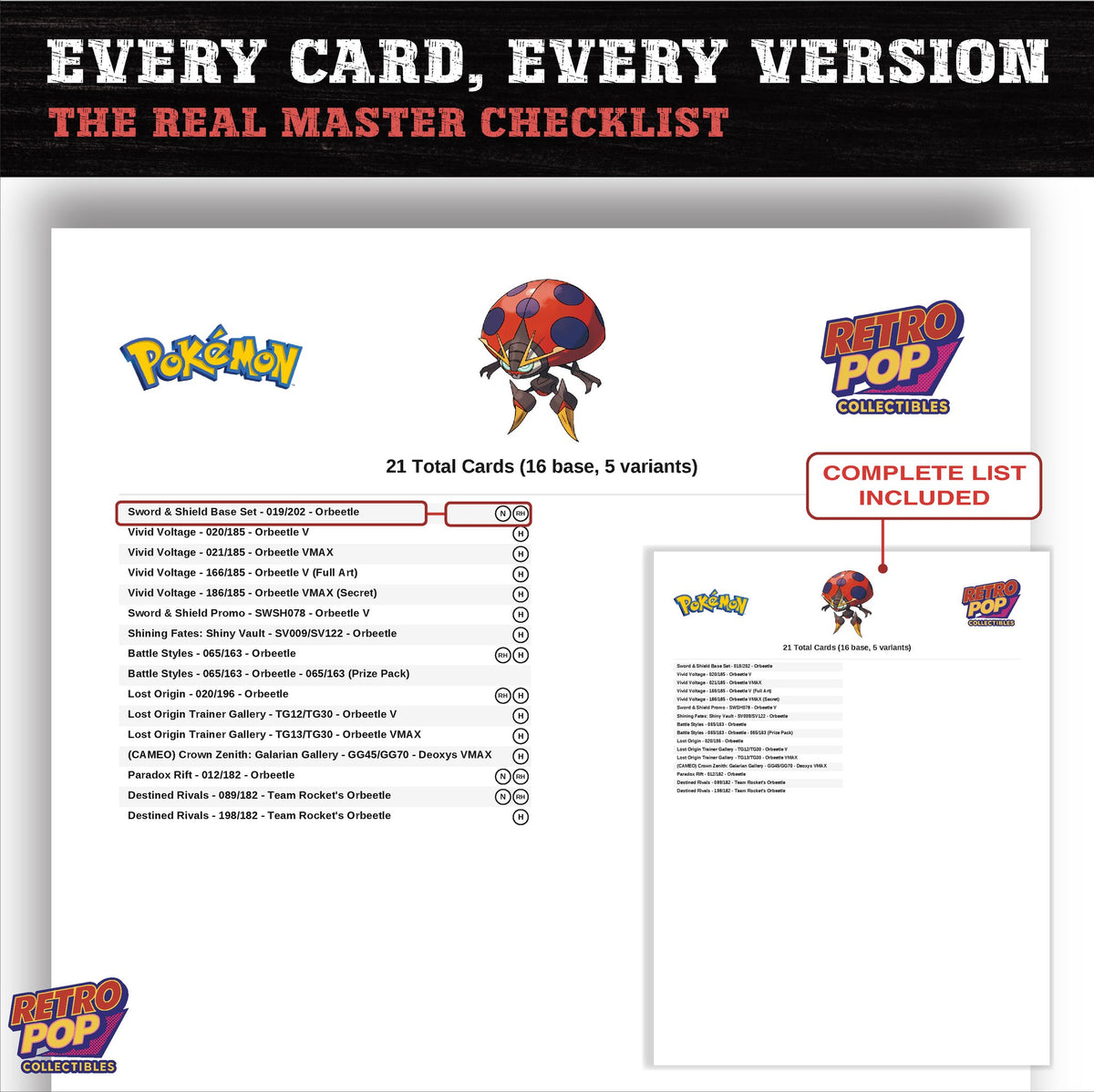 Orbeetle master set checklist PDF preview - every card listed