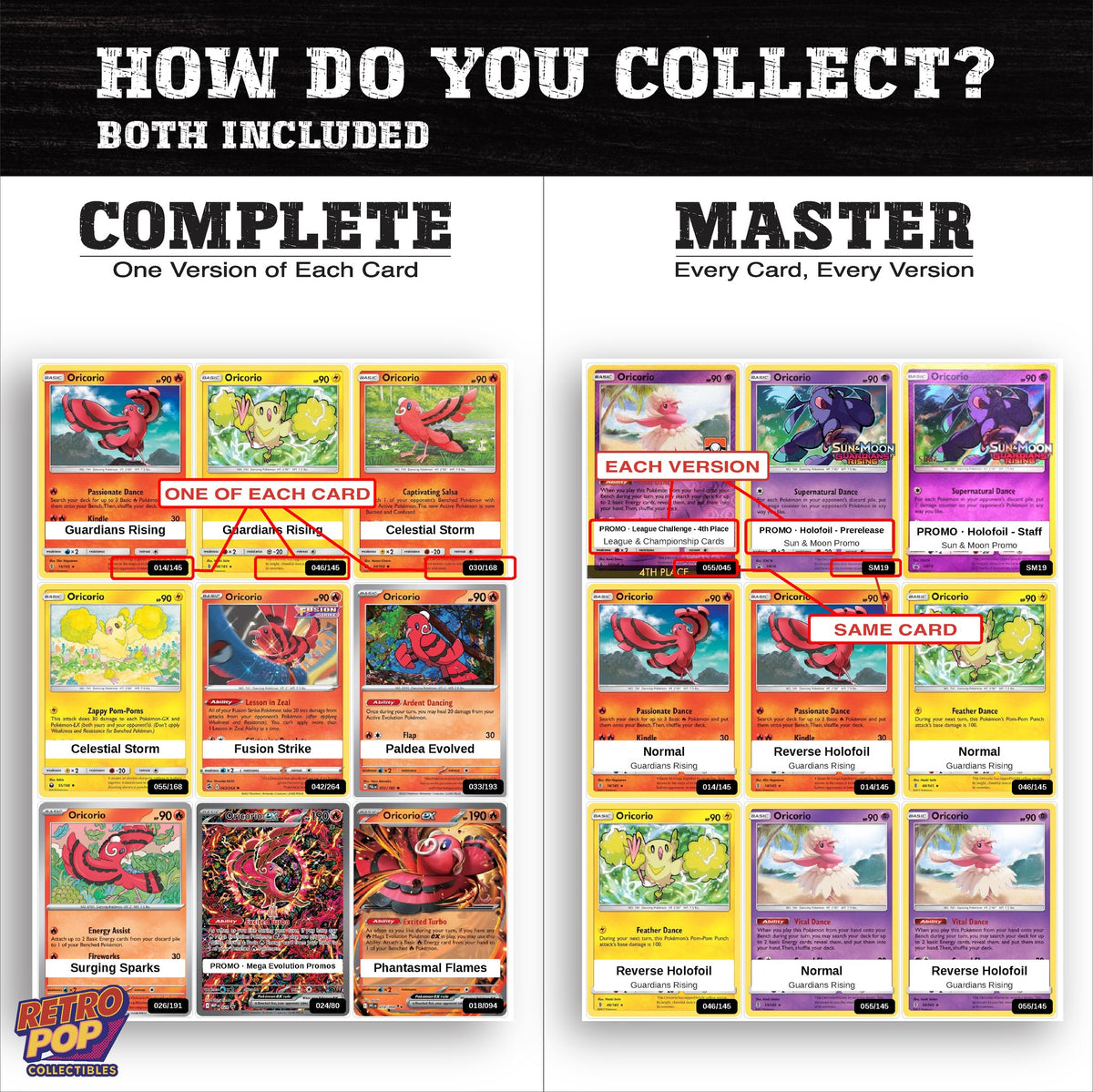 Complete Set vs Master Set versions of the Oricorio binder placeholders