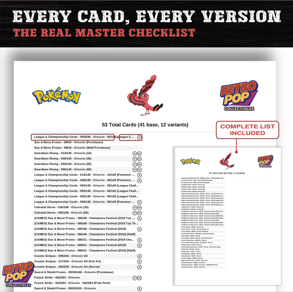 Oricorio master set checklist PDF preview - every card listed