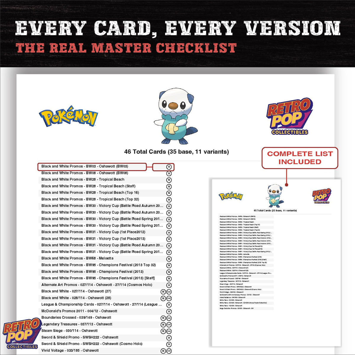 Oshawott master set checklist PDF preview - every card listed