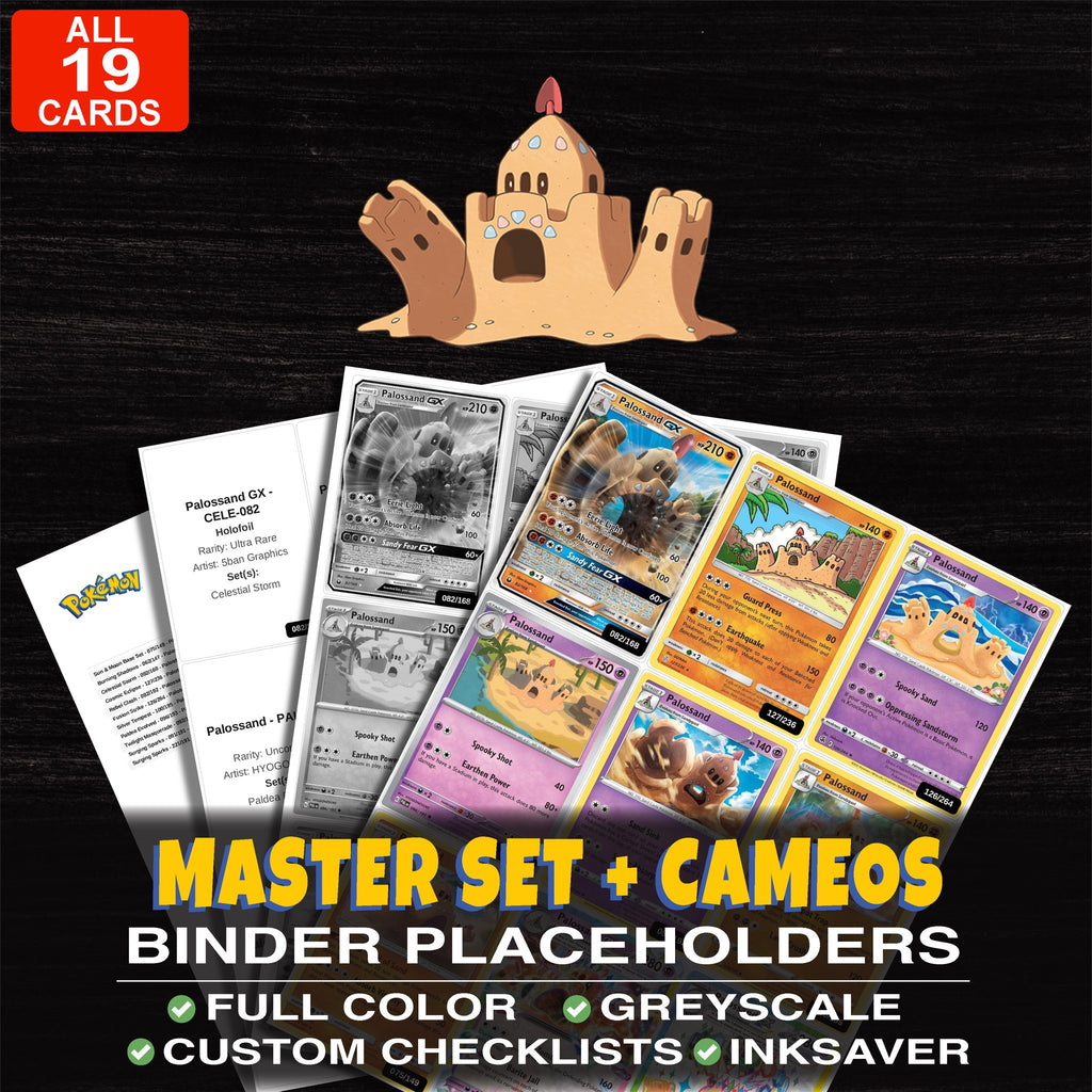Every Palossand Pokemon card ever made - master set binder placeholders with Palossand GX