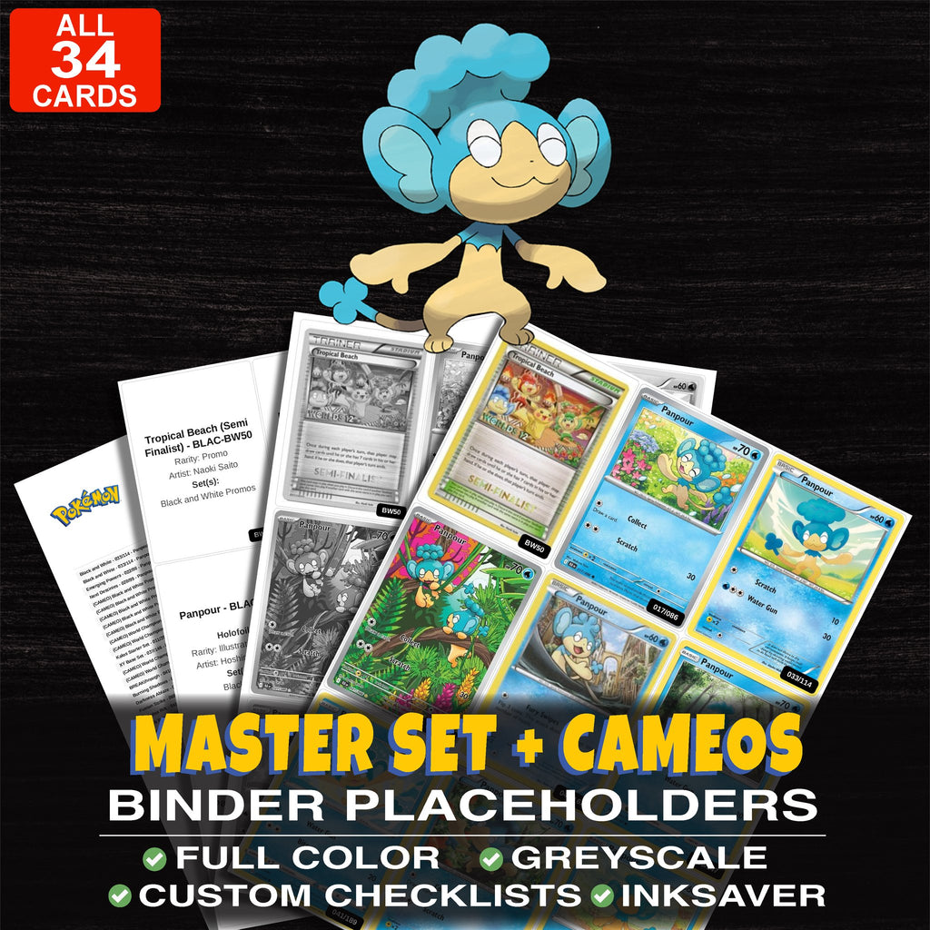 Every Panpour Pokemon card ever made - master set binder placeholders with Panpour