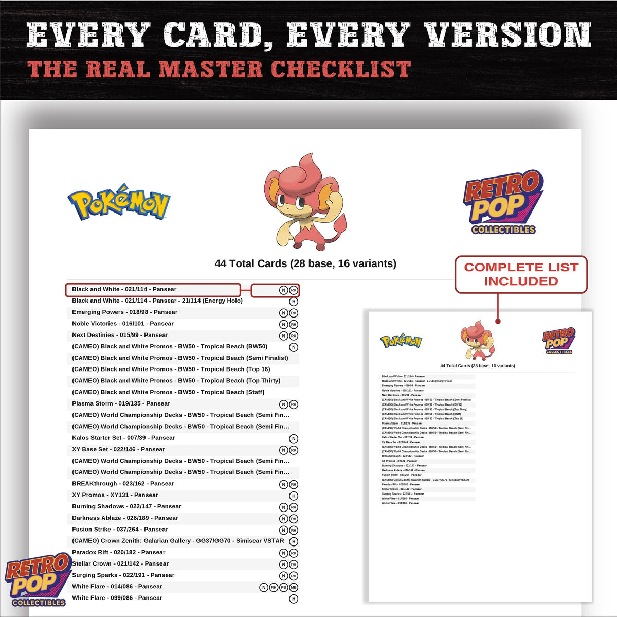 Pansear master set checklist PDF preview - every card listed