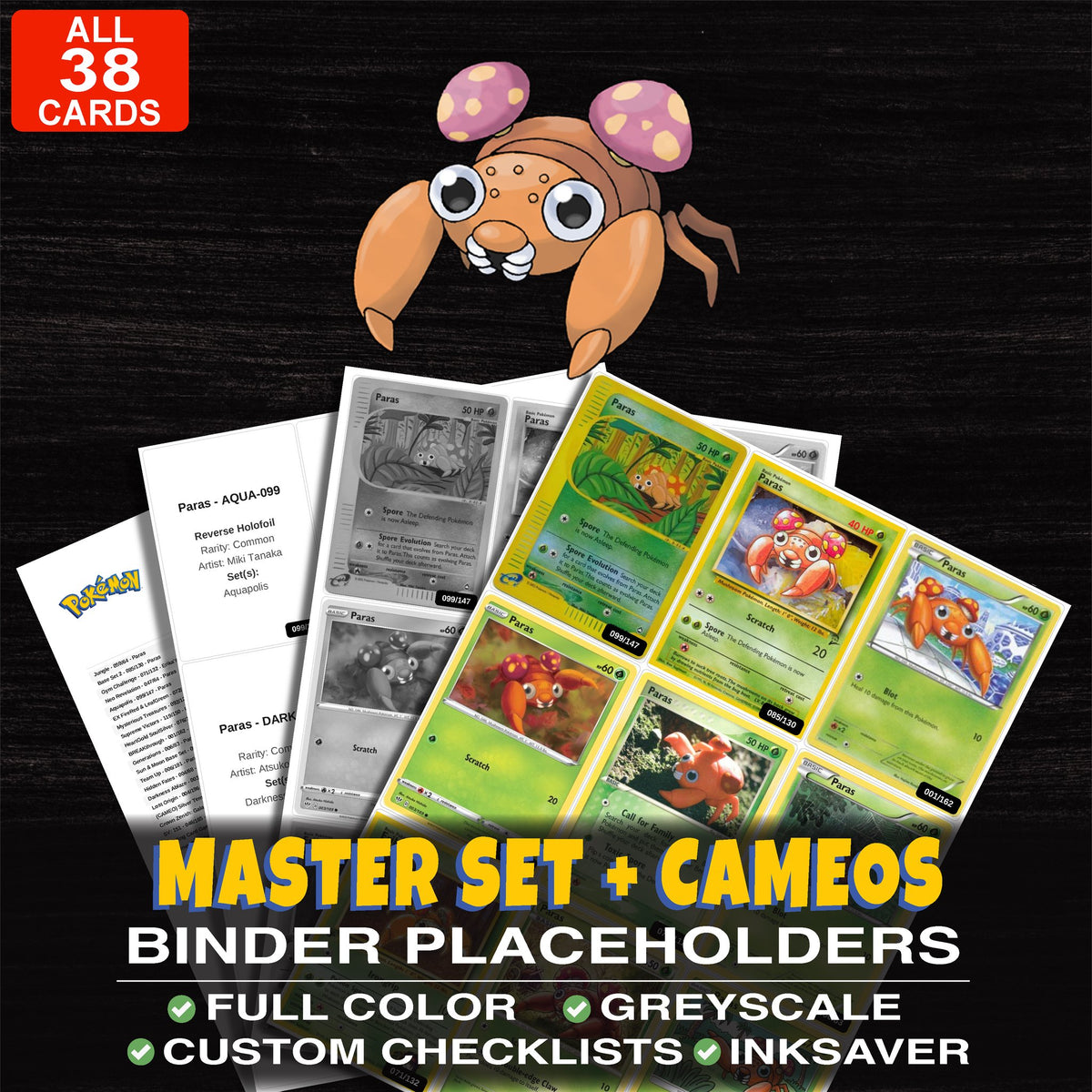 Every Paras Pokemon card ever made - master set binder placeholders with Paras