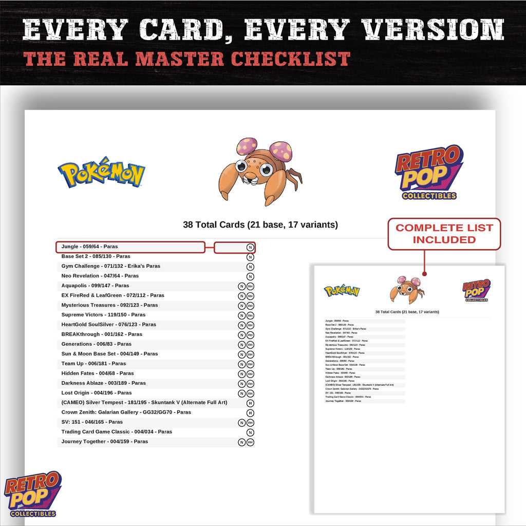 Paras master set checklist PDF preview - every card listed