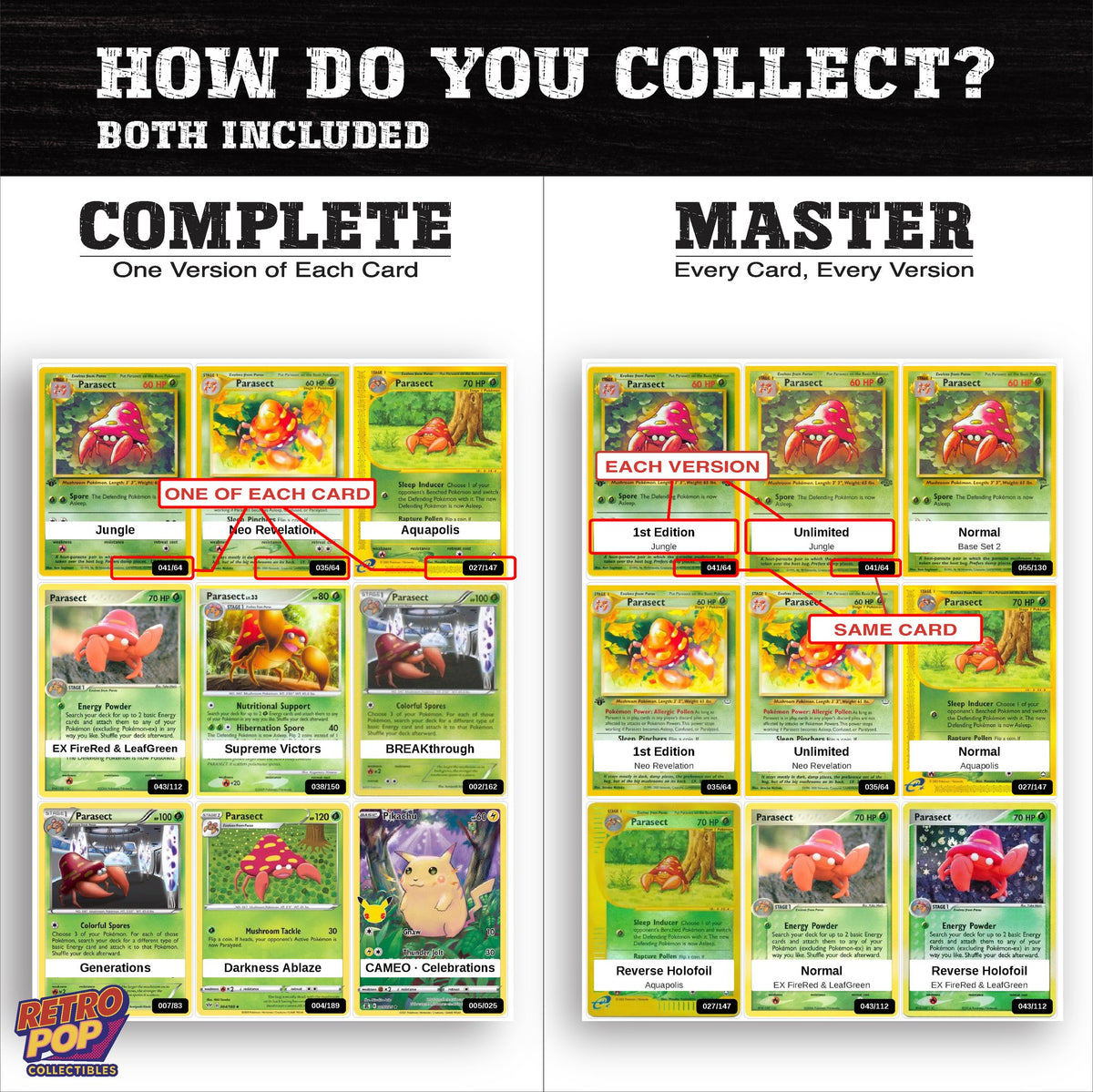 Complete Set vs Master Set versions of the Parasect binder placeholders