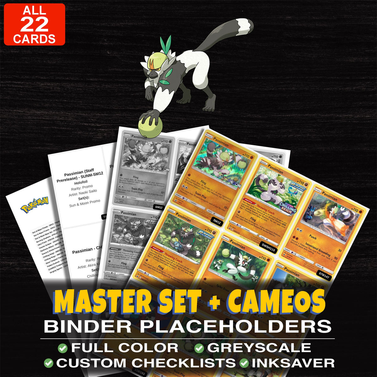 Every Passimian Pokemon card ever made - master set binder placeholders with Passimian (Staff Prerelease)