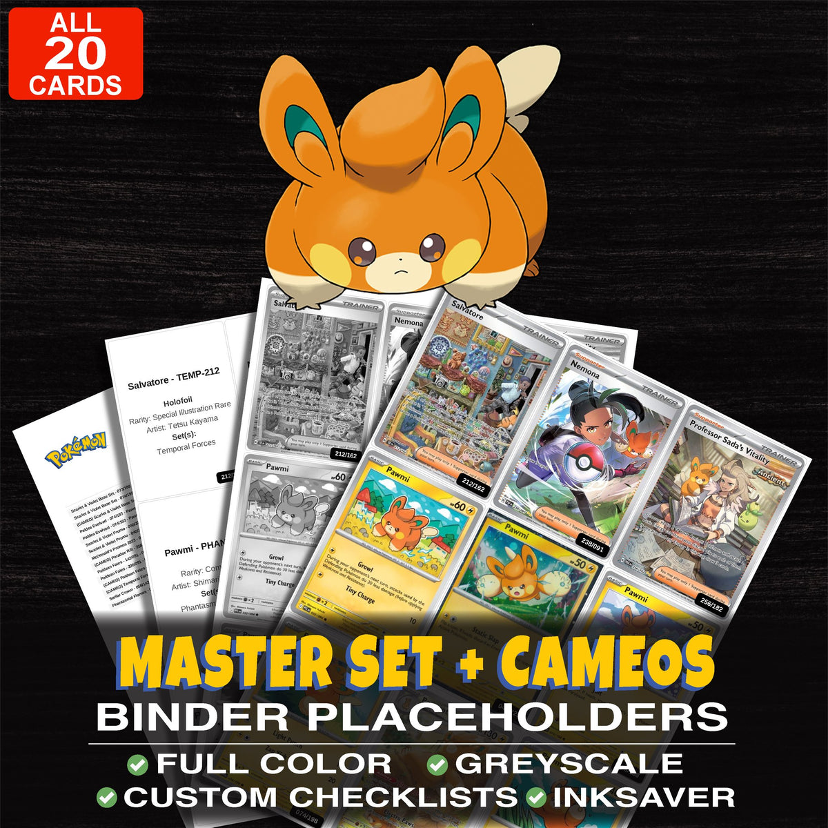 Every Pawmi Pokemon card ever made - master set binder placeholders with Pawmi