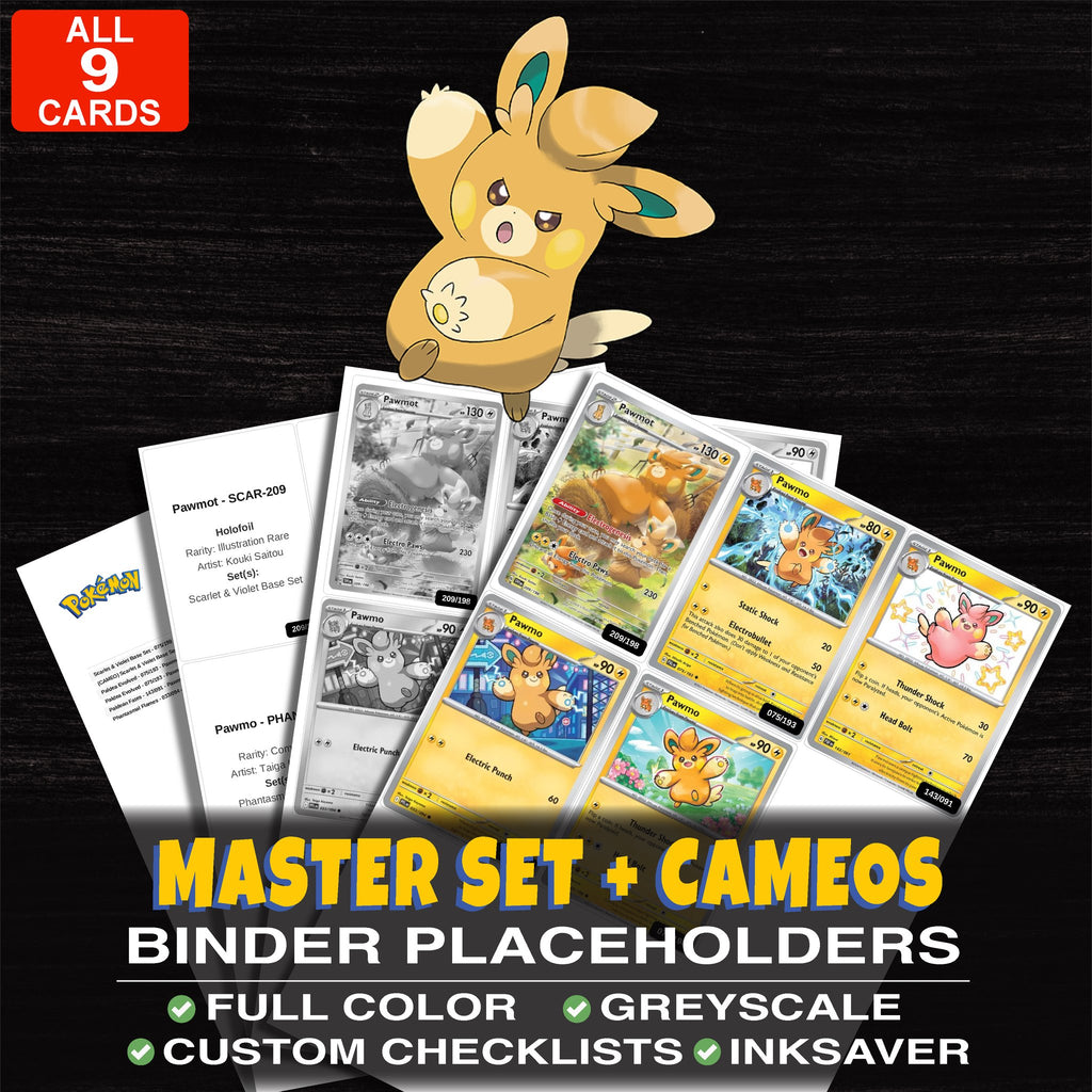 Every Pawmo Pokemon card ever made - master set binder placeholders with Pawmo