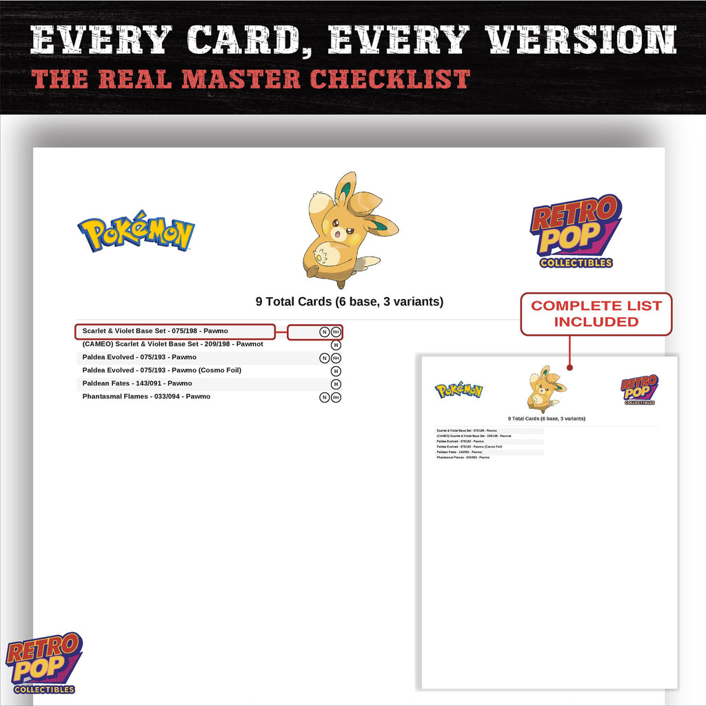 Pawmo master set checklist PDF preview - every card listed