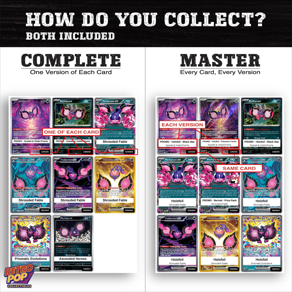 Complete Set vs Master Set versions of the Pecharunt binder placeholders