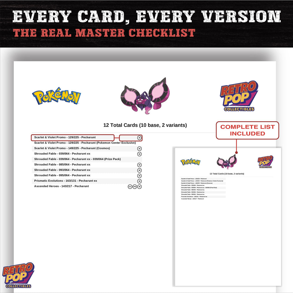 Pecharunt master set checklist PDF preview - every card listed