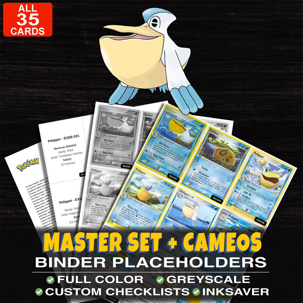 Every Pelipper Pokemon card ever made - master set binder placeholders with Pelipper