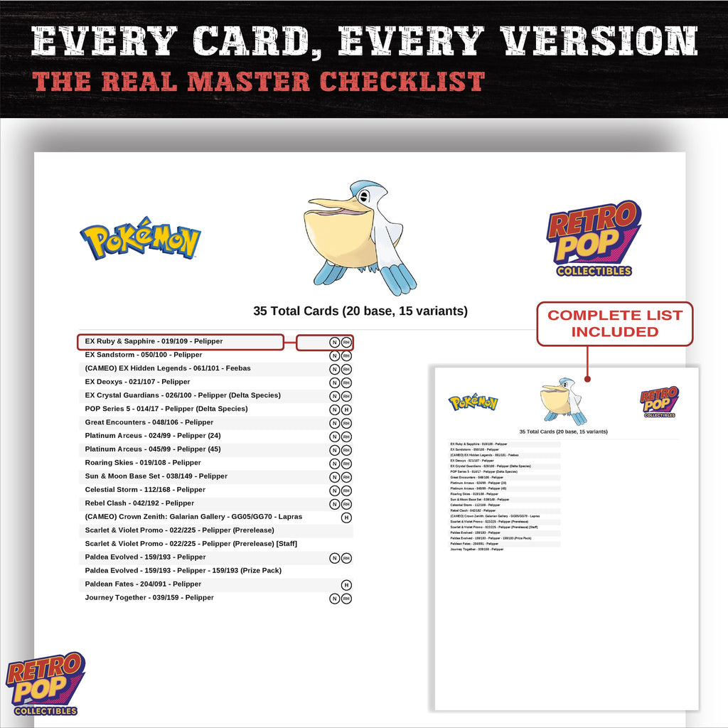 Pelipper master set checklist PDF preview - every card listed