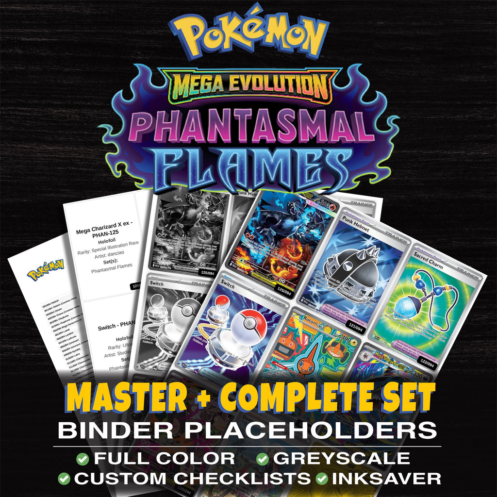 Phantasmal Flames Pokemon binder placeholders printable PDF - includes Mega Charizard X ex