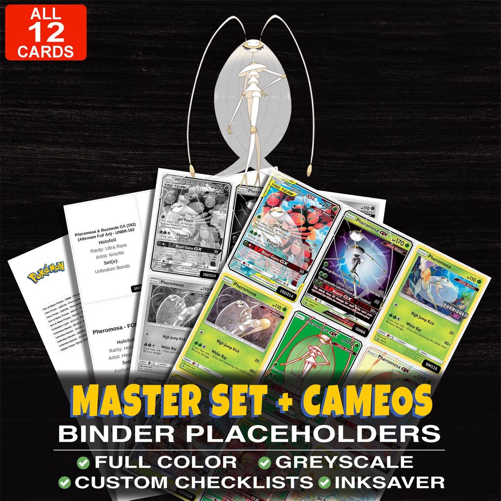 Every Pheromosa Pokemon card ever made - master set binder placeholders with Pheromosa & Buzzwole GX (192) (Alternate Full Ar