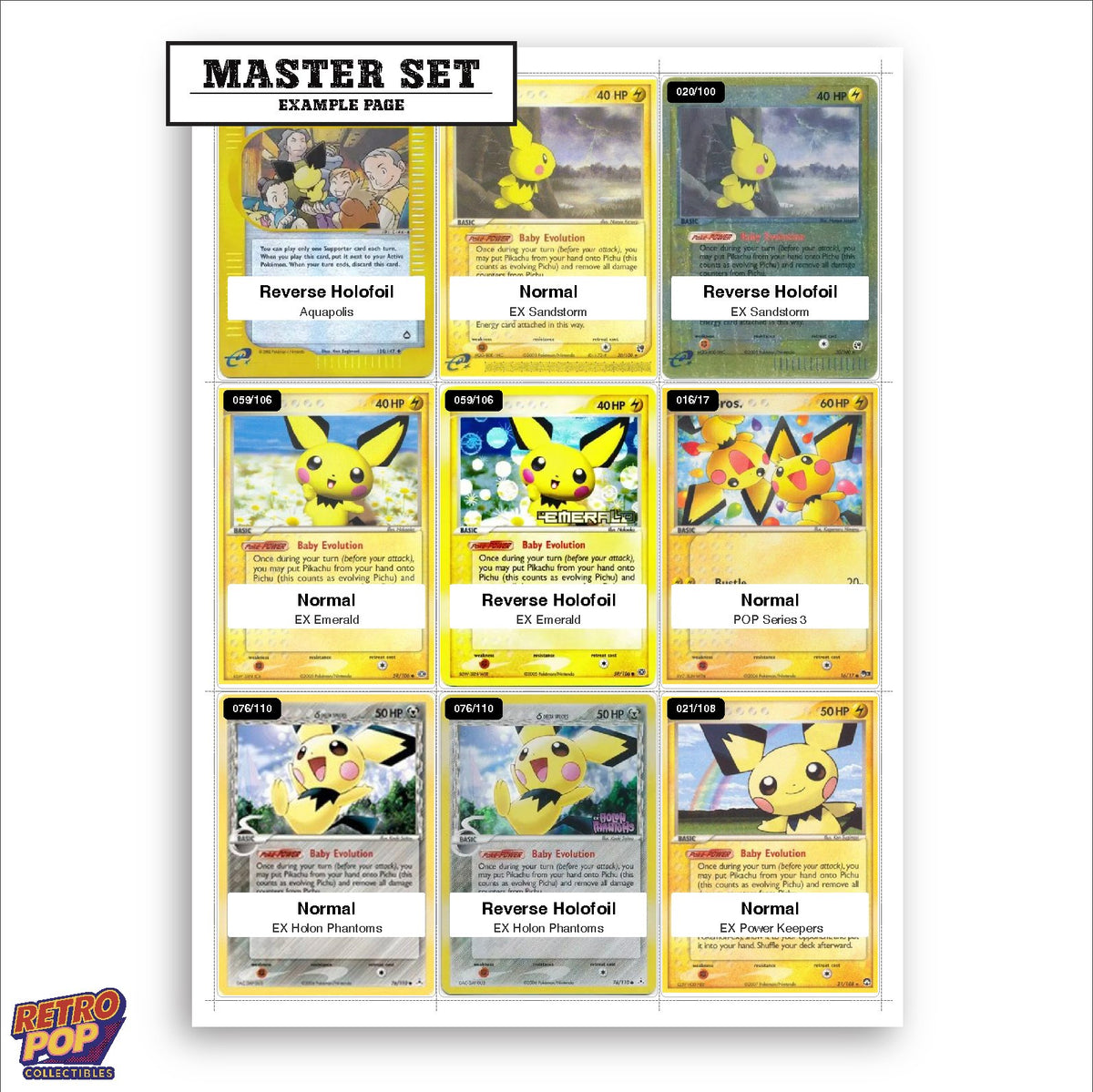 Printed Pichu Pokemon placeholders in binder - real photo 1