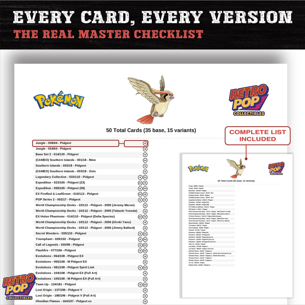 Pidgeot master set checklist PDF preview - every card listed