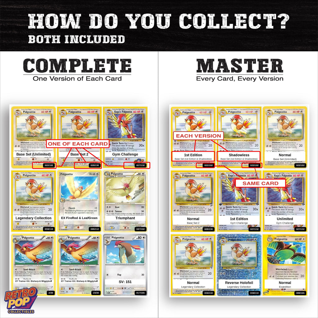 Complete Set vs Master Set versions of the Pidgeotto binder placeholders